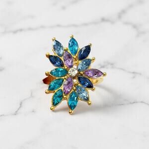 Vintage Inspired Colorful Crystal Flower Cocktail Style Ring Size 6 New